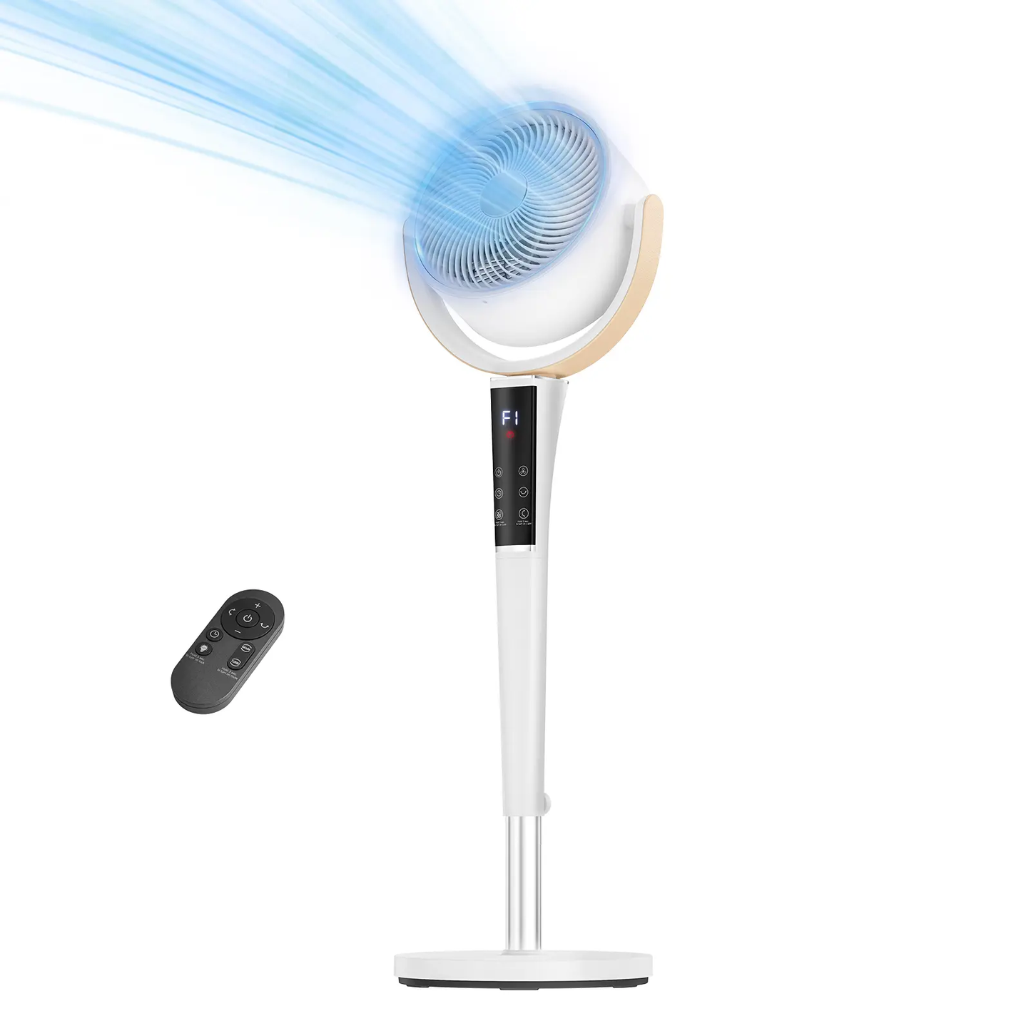 Bedroom Pedestal Fan, 20dB DC, 15 Speeds/5 Modes, 120° Osc., 12H Timer, LED, Remote, 1050CFM