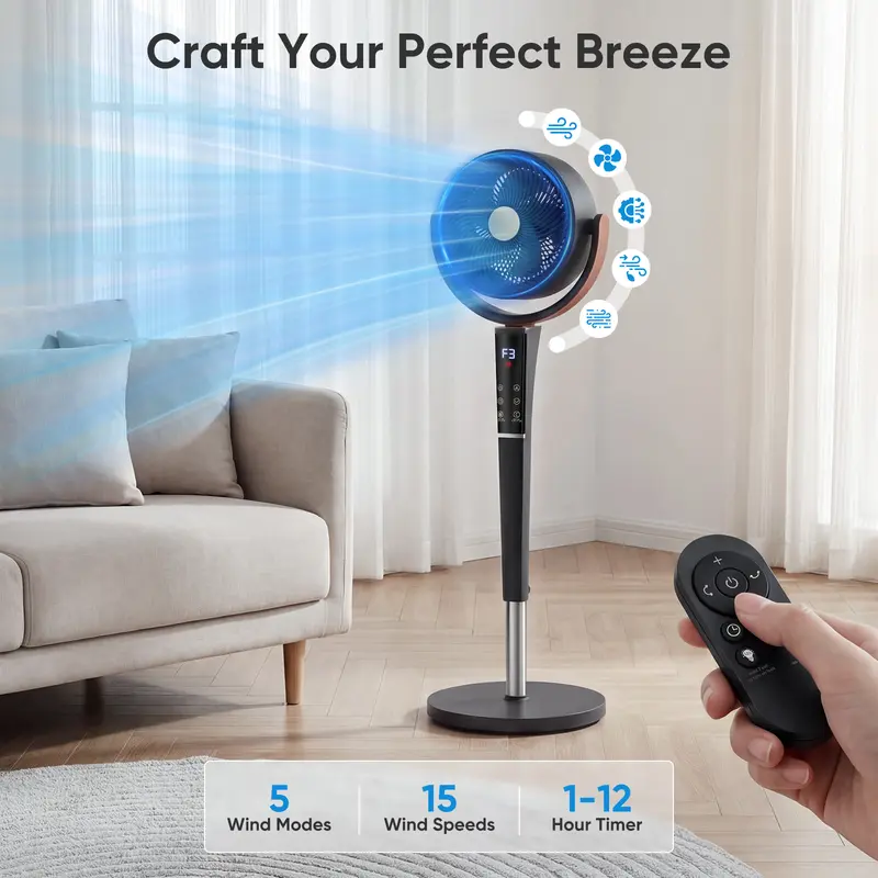 Bedroom Pedestal Fan, 20dB DC, 15 Speeds/5 Modes, 120° Osc., 12H Timer, LED, Remote, 1050CFM