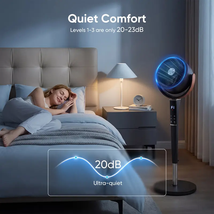 Bedroom Pedestal Fan, 20dB DC, 15 Speeds/5 Modes, 120° Osc., 12H Timer, LED, Remote, 1050CFM