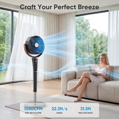 Bedroom Pedestal Fan, 20dB DC, 15 Speeds/5 Modes, 120° Osc., 12H Timer, LED, Remote, 1050CFM